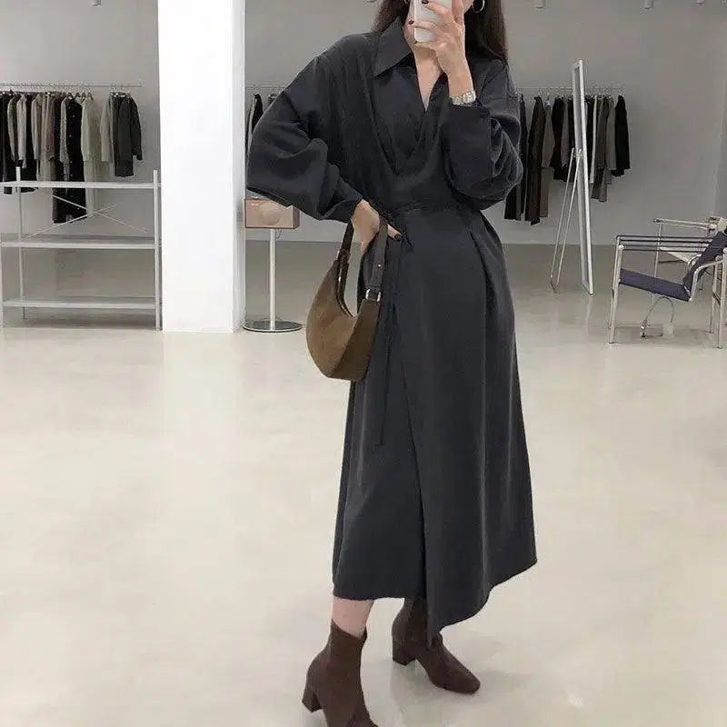 Cross-temperament shirt-style long-sleeved dress-6