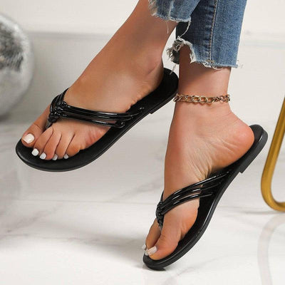 Cross-woven Design Thong Sandals Summer Flat Slides Shoes-Black-6