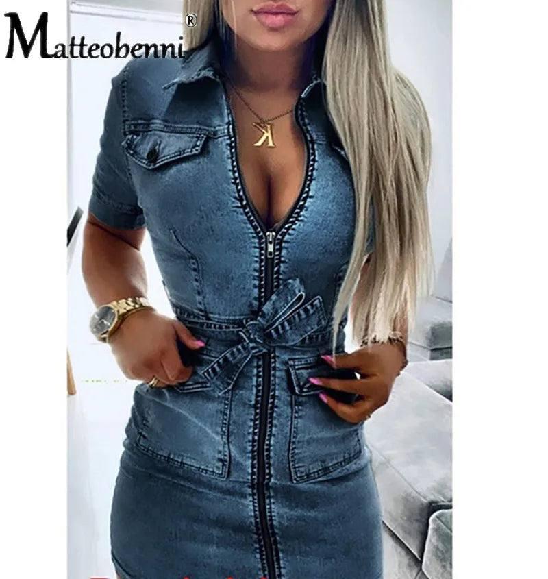 Denim Dress Zipper Casual V Nec-4