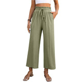 Drawstring High Waist Straight Pants Summer Casual Solid Beige / XL-Green-4