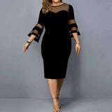 Spring Summer Elegant Fashion Lace Patchwork Plus Size Dresses Women Evening Party Vestidos Solid Bodycon Robe Femme-black-5