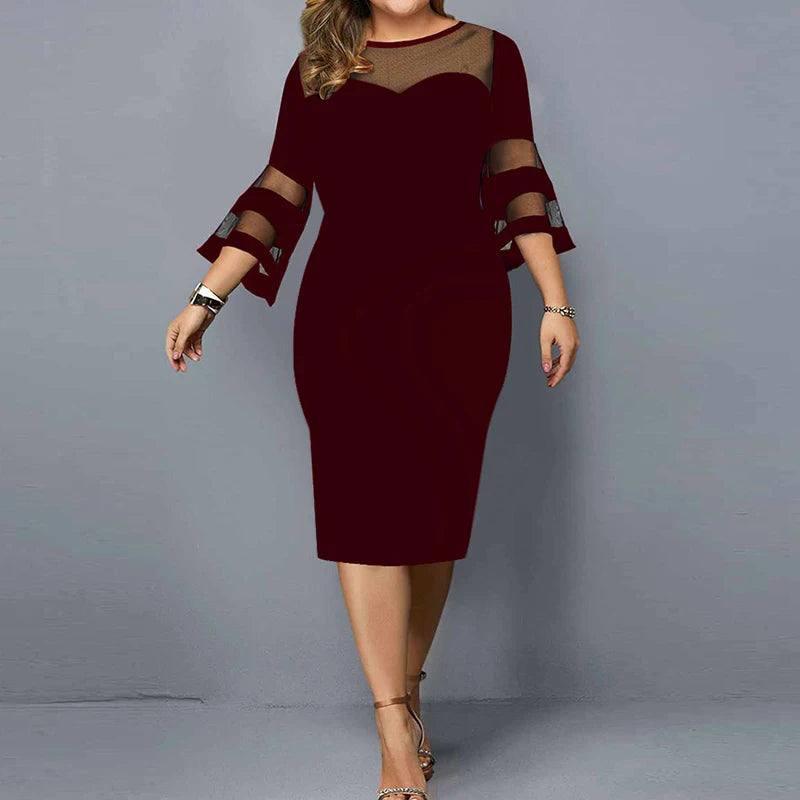 Elegant Mesh Sleeve Midi Dress for Women-Burgundy-7