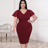 Chiffon Cape Sleeve Bodycon Prom Dress V Neck Office Lady Work Casual Evening Birthday Party Robe Plus Size 4XL 5XL Summer-Red-8