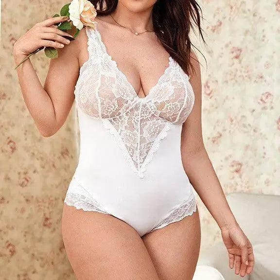 Erotic Lingerie Sexy Lace Jumpsuit-White-1