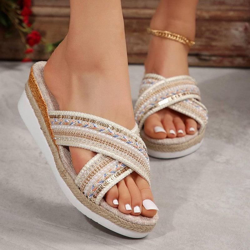 Ethnic Linen Wedge Sandals-1