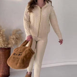 European And American Solid Color Thick Rope Twist Zipper Hooded Casual Sweater Suit-Creamy White-3