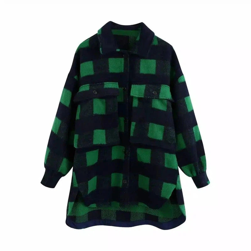 Plaid Wool Blend Overshirt Jackets-Green-4