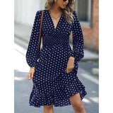 European And American Waist Slimming Polka Dot Long Sleeve-Navy Blue-2