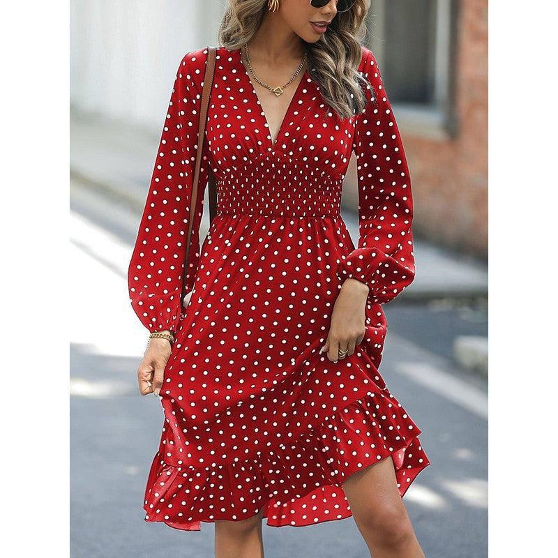 European And American Waist Slimming Polka Dot Long Sleeve-Red-3