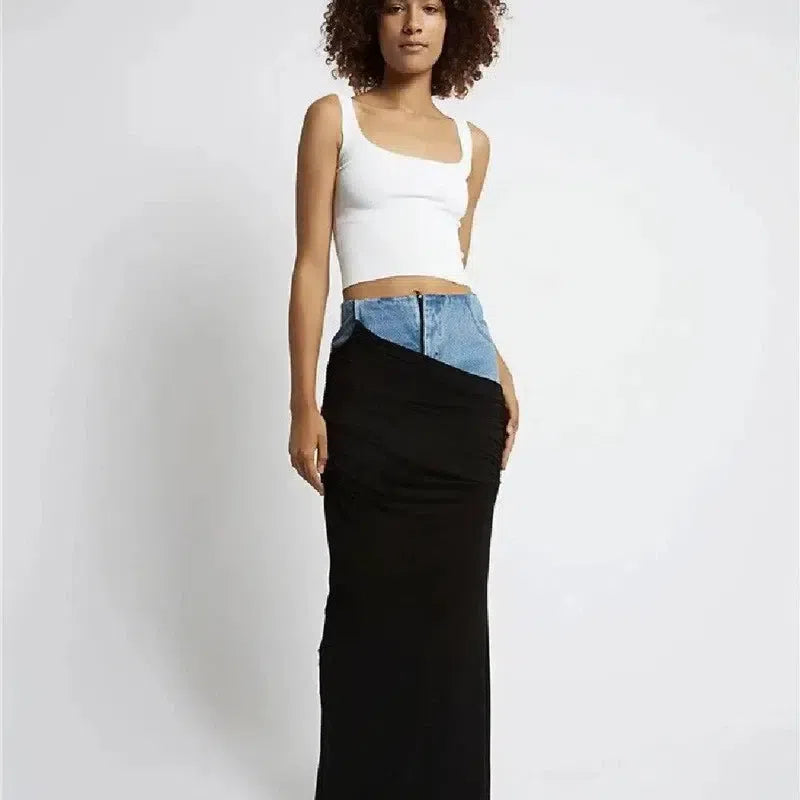 Fashion Black Panel Denim Skirt-5