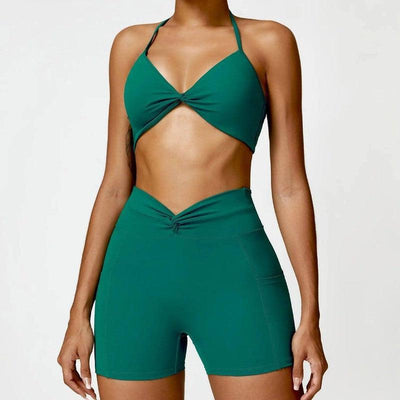 Fashion Camisole Yoga Suit Women Quick-drying Beauty Back Fitness Sports Clothes-Sea King Green short Set-10