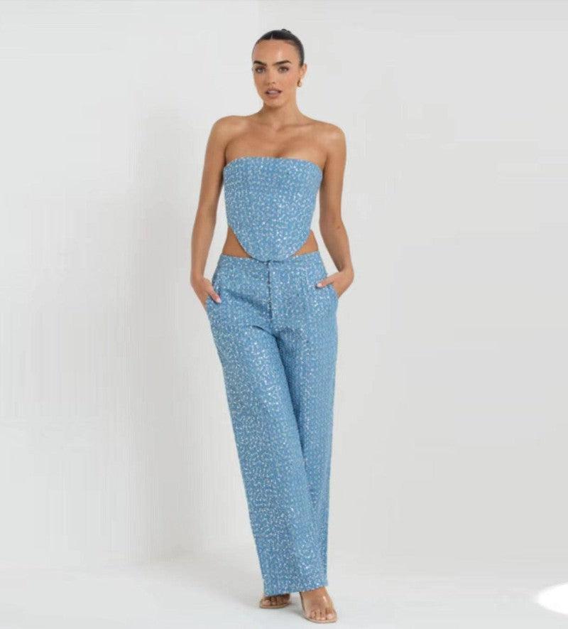 Fashion Denim Sequined Tube Top Wide Leg Pants Suit-10