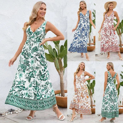 Fashion Floral Print V-neck Dress Summer Slim Fit Sleeveless Long Dress-1