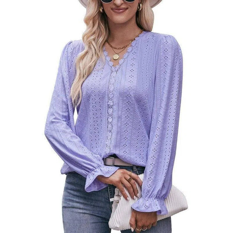 Fashion Lace V-neck Long Sleeve Top-2