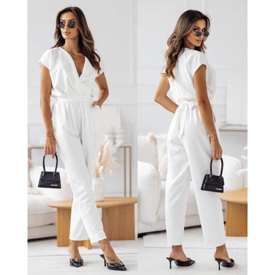 Fashion Solid Color Slimming Short-sleeved Jumpsuit Summer White / 2XL-White-3