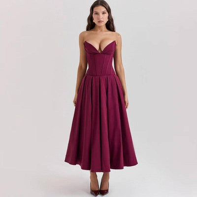 Fashion Tube Top Dress With Pockets Summer Backless Fishbone-Wine Red-12