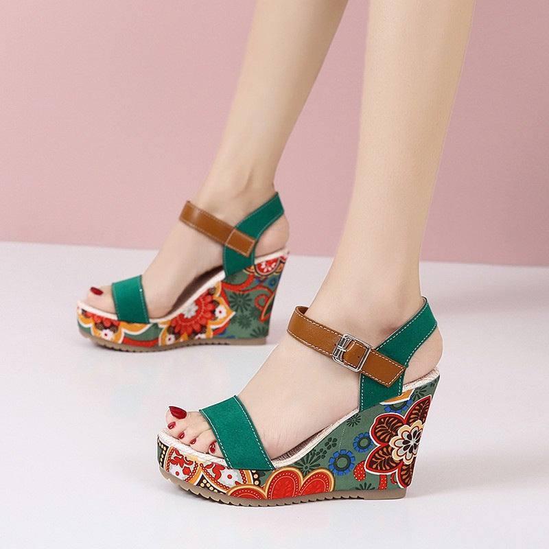 Floral Embroidered Sandals - Stylish Wedge Design-Green-7