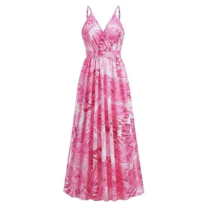 Flowers Long Dress Summer Swing Holiday Beach Dress-Pink-14