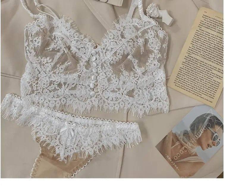 French Sexy Lace Lingerie Set-White-6