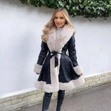 Fur coat with lotus leaf hem and faux leather belt-4