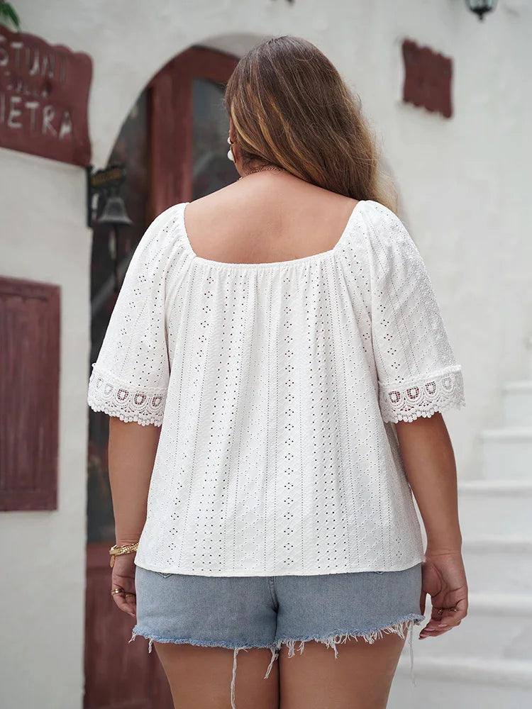 GIBSIE Plus Size White Square Neck Half Sleeve Shirts Women-2