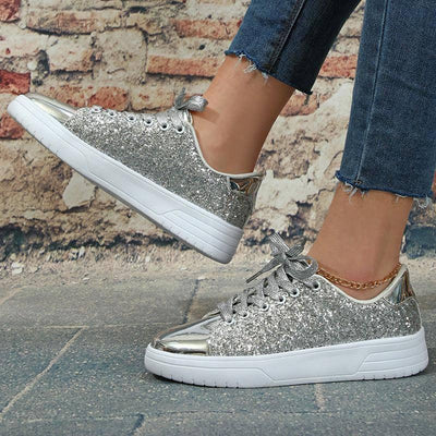 Glitter Sequin Design Flats Shoes Women Trendy Casual Thick-soled Lace-up Sneakers Fashion Skateboard Shoes-2