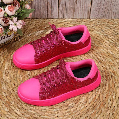 Glitter Sequin Design Flats Shoes Women Trendy Casual Thick-soled Lace-up Sneakers Fashion Skateboard Shoes-Rose Red-5