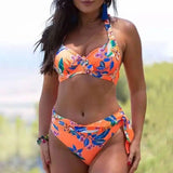 Halter Strap High Waist Swimsuit Women Print Split Bikini-Orange-3