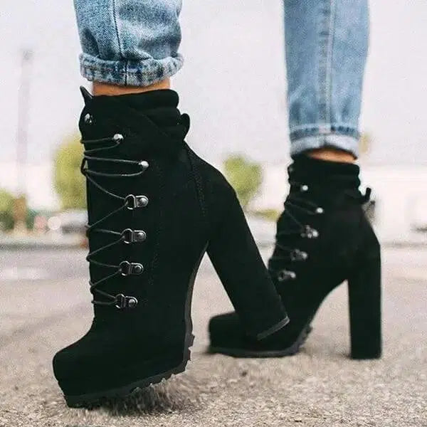 Heeled Boots For Women Round Toe Lace UP High Heels Boots-Black-2