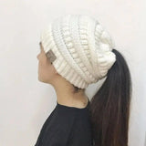 High Bun Ponytail Beanie Hat Chunky Soft Stretch Cable Knit-White-12