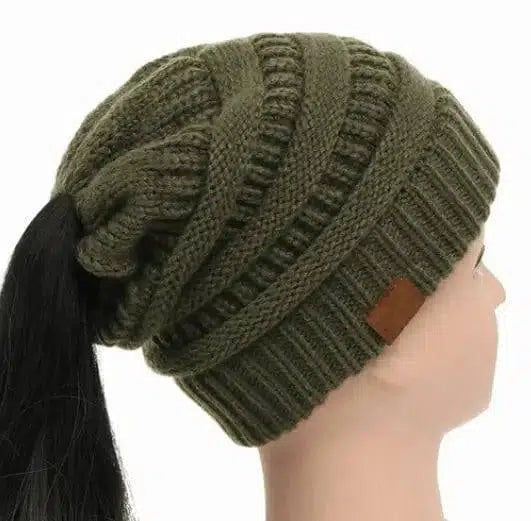 High Bun Ponytail Beanie Hat Chunky Soft Stretch Cable Knit-Armygreen-18