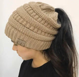 High Bun Ponytail Beanie Hat Chunky Soft Stretch Cable Knit-Coffee-20