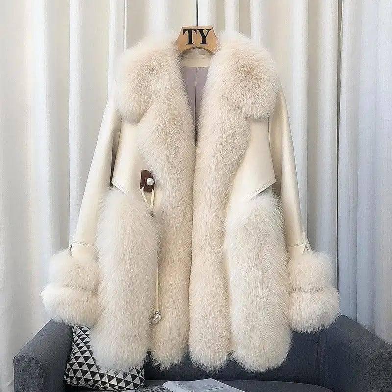 High-end Imported Whole Skin Fox Fur Coat Female-Beige-2