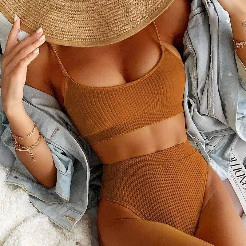 High Waist Bikini Swimwear Women Swimsuit Push Up-Brown-5