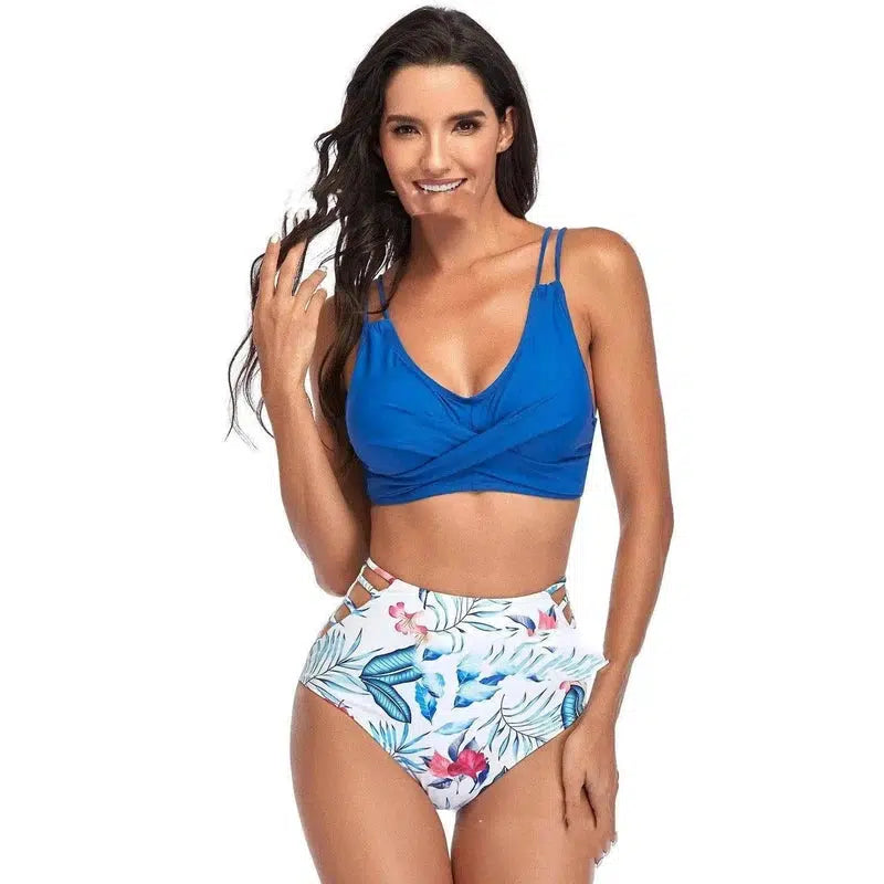 High-Waist Hollow Swimsuit Gathered Bikini European-Blue-1