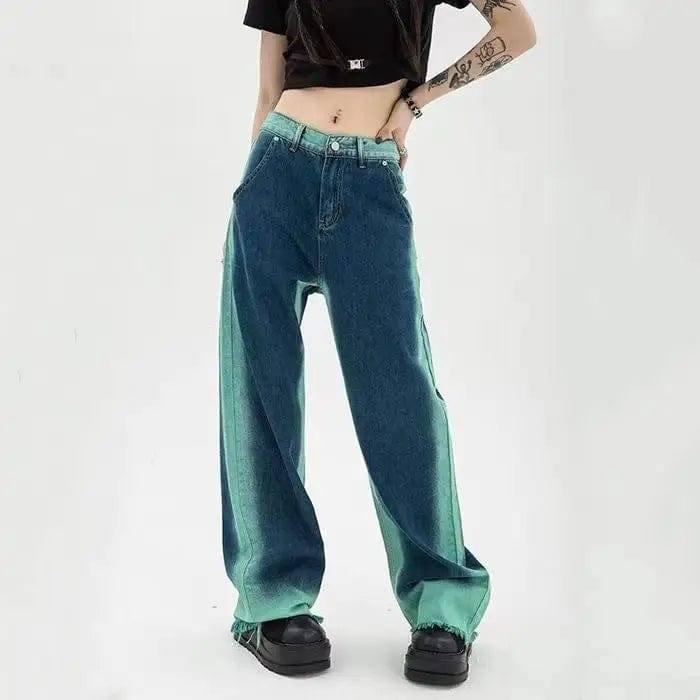 High Waist Loose Straight Contrast Jeans-1