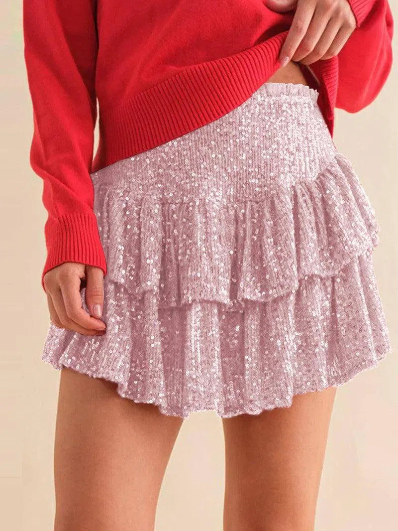 High Waist Sequined Pleated Skirt Women's Clothing Hot Girl Party Short Dress-Pink-8