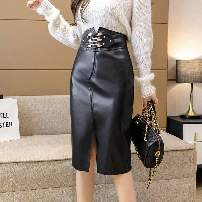 High Waist Slimming Decorative Buckle Sheath A- Line Skirt-3