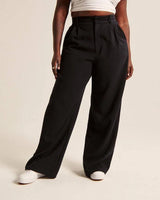 High Waist Straight Trousers With Pockets Wide Leg Casual Suit Pants For Women-Black-6