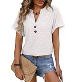 Hollow Circle Design T-shirt V-neck Button Solid Color-White-4