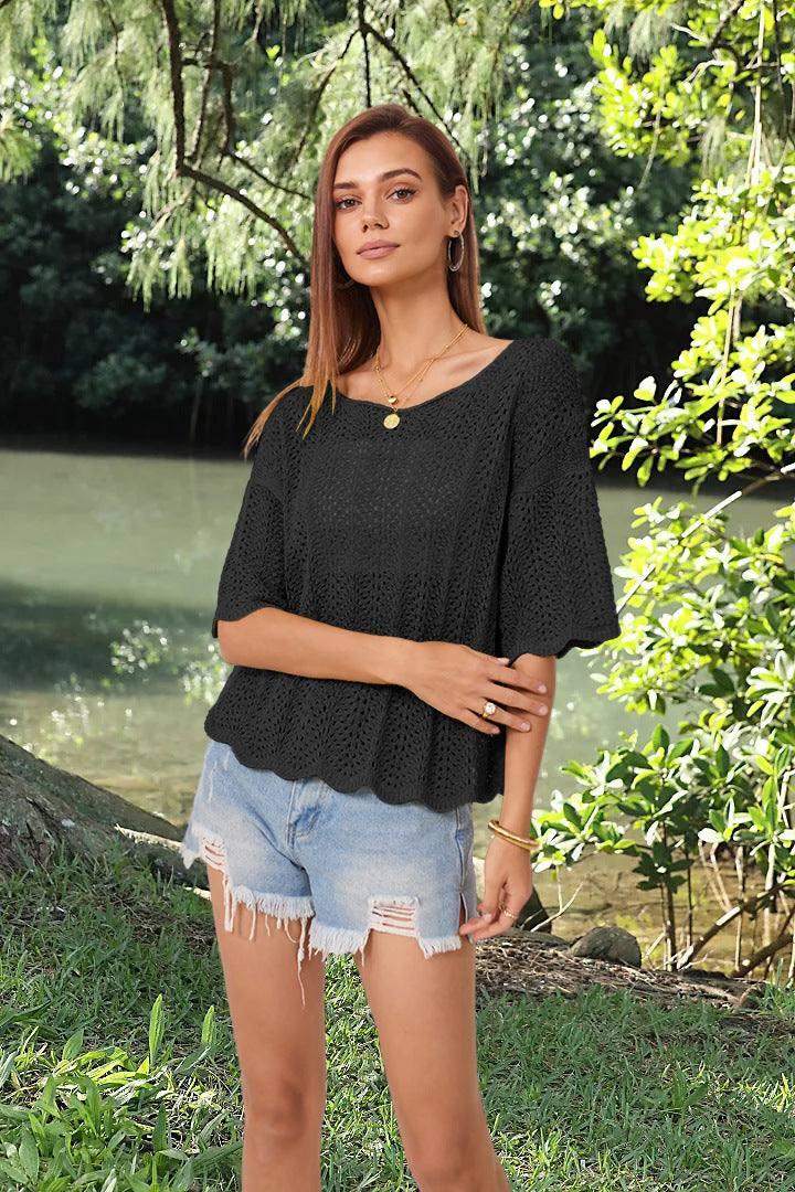 Hollow Fashion Short Sleeve Casual Women's Knitwear-Black-7