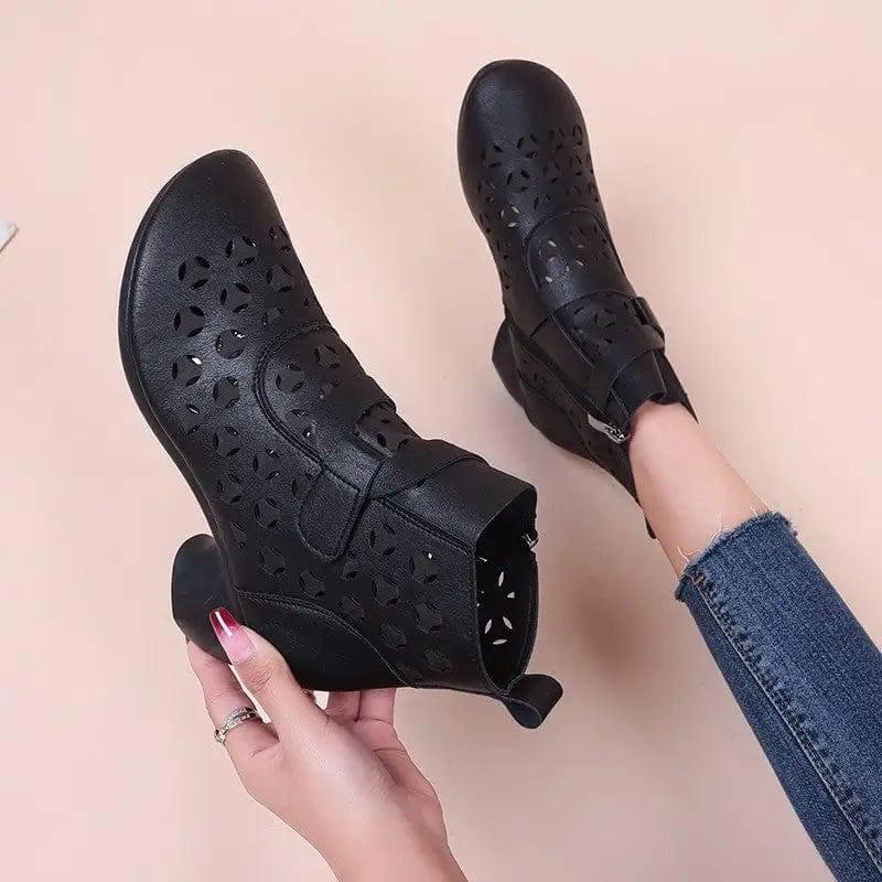 Hollow Out Boots Women Retro Style Side Zip Mid Heels Shoes-2