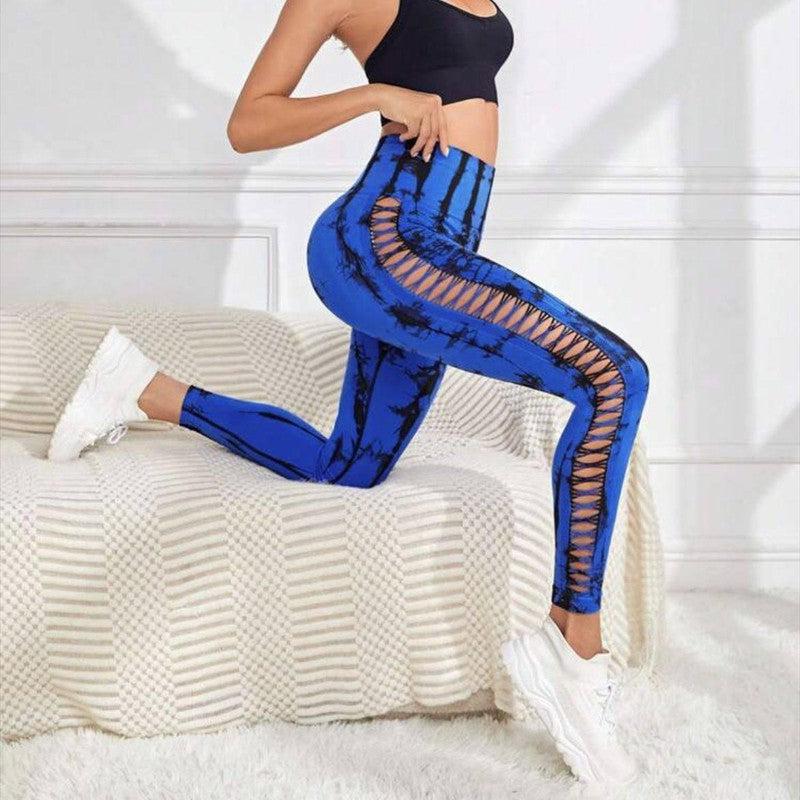 Hollow Tie Dye Printed Yoga Pants High Waist Butt Lift Seamless Sports Gym Fitness Leggings Slim Pants For Women Tight Trousers-Royal Blue-10