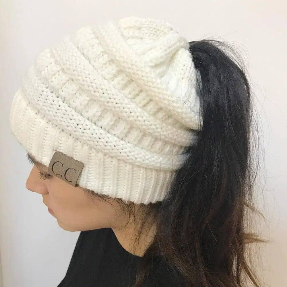 Knitted Ponytail Hat, Women's Wool Hat Fashion-16