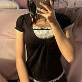 Korean Kawaii Patchwork Women T-shirt Y2K Aesthetic Vintage-2