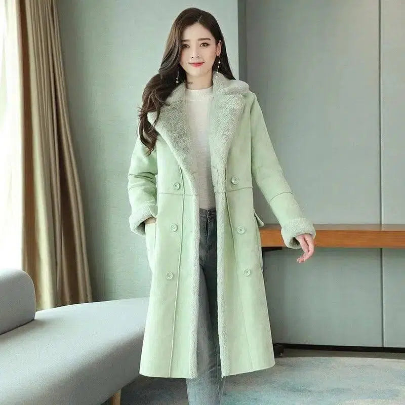 Korean style loose fur coat mid-length deerskin cotton-Matchagreen-2