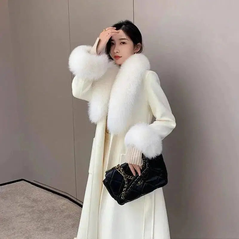 Korean Version Large Fur Collar Slim Fit Medium Long Woolen-White-1