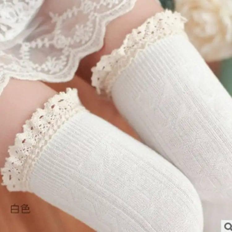 Lace lace over knee socks, high stockings, preppy stockings-White-4