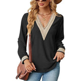 Lace Stitching V-neck T-shirt Loose Long-sleeved Solid Color Top For Women-Black-2