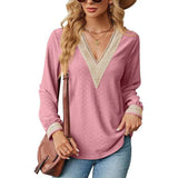 Lace Stitching V-neck T-shirt Loose Long-sleeved Solid Color Top For Women-Pink-6